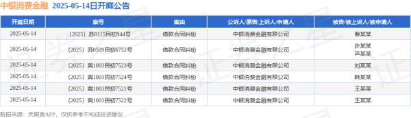 升宏网 中银消费金融作为原告/上诉人的6起涉及借款合同纠纷的诉讼将于2025年5月14日开庭